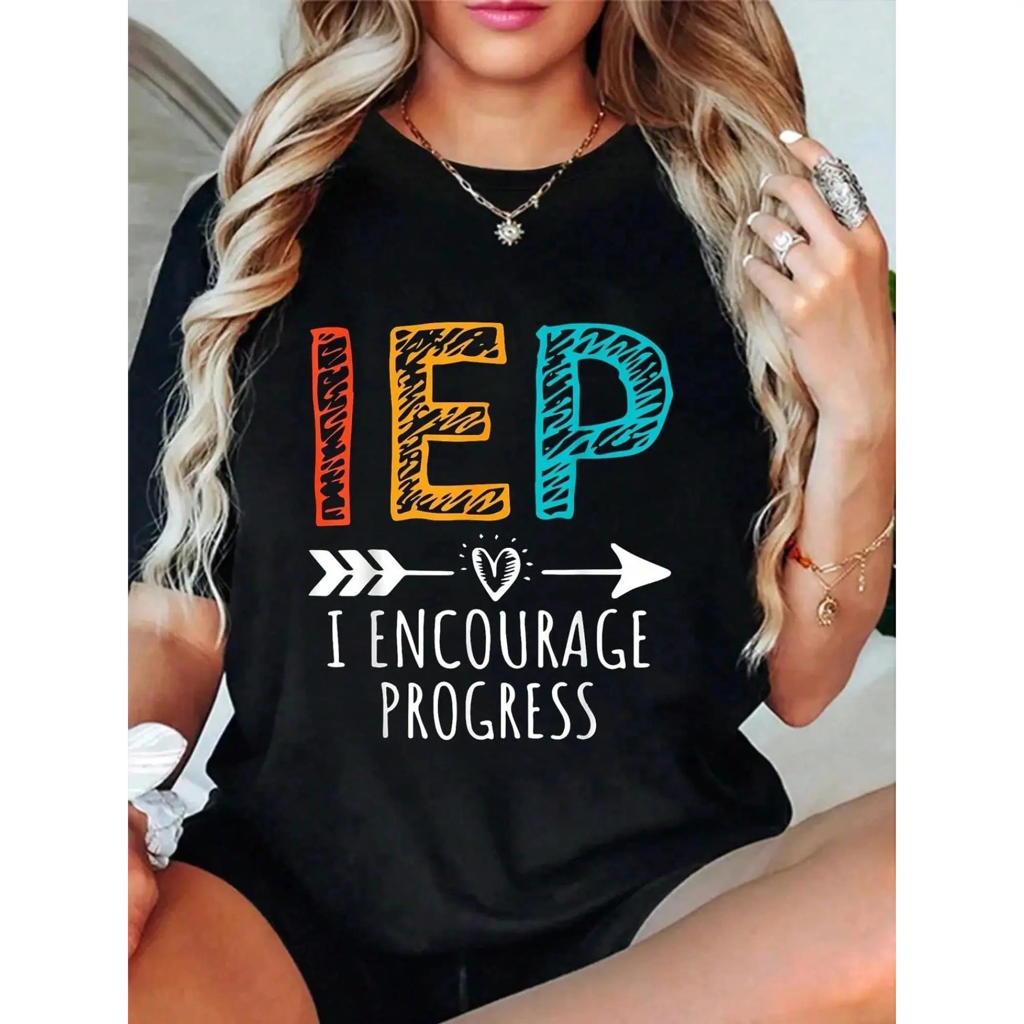 Women's 100% Cotton Short-Sleeve Fitted Crew Neck Black T-Shirt, Vintage IEP Message School-Themed Clothes for Special Education Teachers, I Encourage Progress Design Casual Top