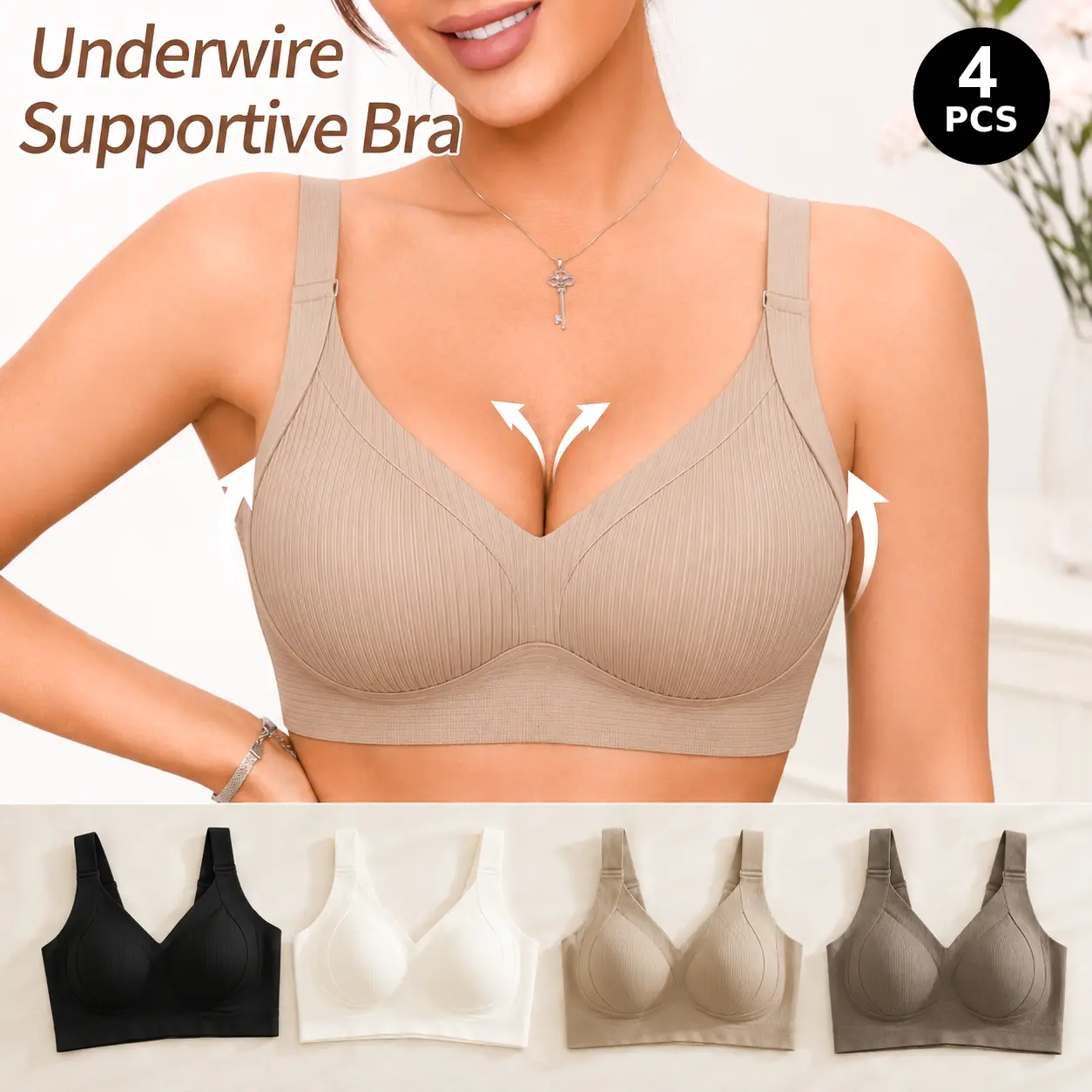 Women's 4-Pack Plain Seamless Balconette Bras - Wire-Free, Wide Straps, Side Coverage, Breathable S-V Neck Lingerie for Everyday Elegance, Machine Washable, New Year Gift Choice