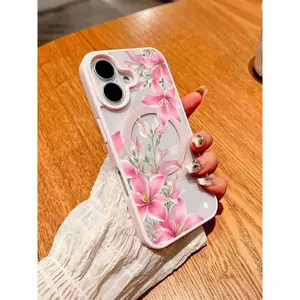 Pink Lily Flowers Pattern Magnetic Clear Phone Case For IPhone 17/16/15/14/13/12/11/Air/ProMax/Pro For Samsug Galaxy S25-S22/FE/Ultra, Shockproof Acrylic+TPU Cover, Fundas Para Cover De Matching, Creative Y2K Design, Compatible Forroid Cases For Students