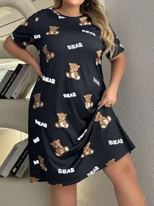 【Plus Size】 Cartoon Bear & Letter Print Drop Shoulder Nightdress, Casual Soft Comfortable Round Neck Short Sleeve Nightgown For Women, Women's Sleepwear For All Seasons, Nighty Dress