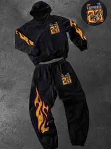 Men's Hooded Sweatshirt and Casual Long Pants Set, Vintage Flame Eagle Print, Loose Fit Zipper Design, Comfortable Winter