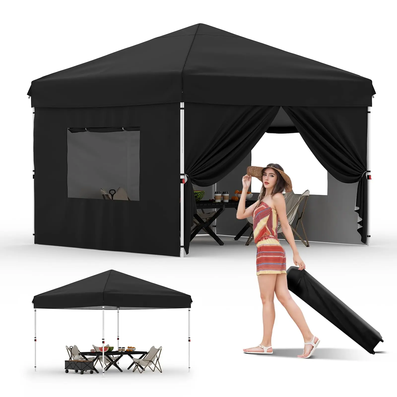 Black 10x10 FT Instant Pop Up Canopy Tent with 4 Side Walls, Heavy Duty Canopy Set, Waterproof and UV Protected Tailgate Tent for Outdoor Events