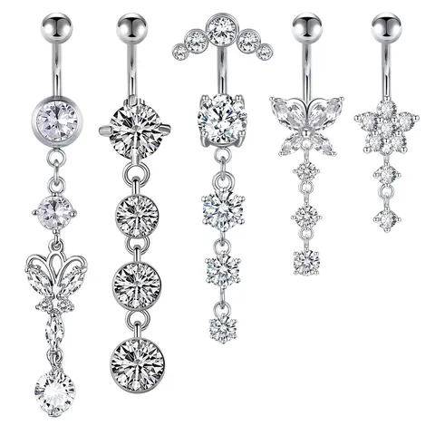 Belly Piercings 14G Dangle Belly Button Rings 5PCs/set Stainless Steel Silver Belly Button Rings Dangling CZ Belly Rings for Women Silver Rose Gold Belly Button Piercing Jewelry bellyrings