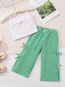 2pcs Girls Summer Casual Two-Piece Set, Bow Tie Top & Striped Long Pants, Comfortable Versatile, Fitted Style, Perfect for Daily Striped Sets, Summer Outfits Set