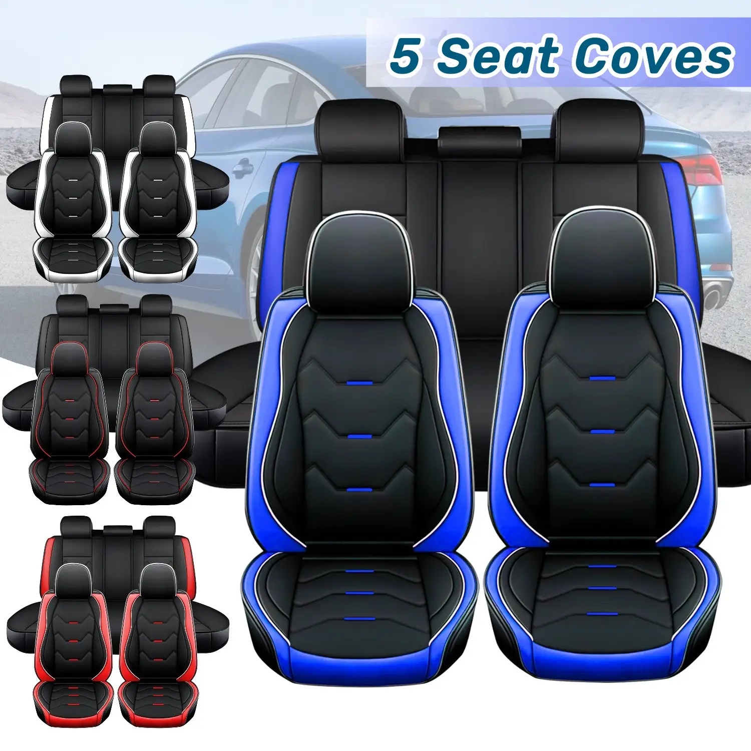 5-Seats Universal Car Seat Cover, Front Rear Full Set 3D Luxury PU Leather Cushion Protector Pad Mat Full Surround Breathable 5 Sits Fits for Most Car
