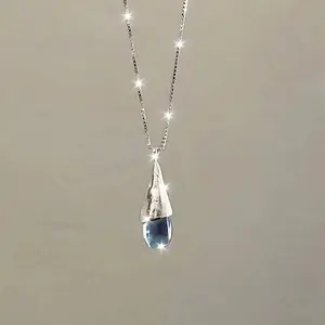 S925 Sterling Silver Vintage Blue Water Drop Pendant Necklace, Elegant Women's Bohemian Style, Daily Dress Up Party~