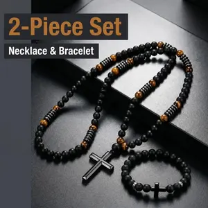 8mm Black Onyx Hematite Tiger Eye Beaded Necklace & Cross Bracelet Set, 27.56in Necklace 7.87in Bracelet Triple Protection Anxiety Relief Religious Jewelry