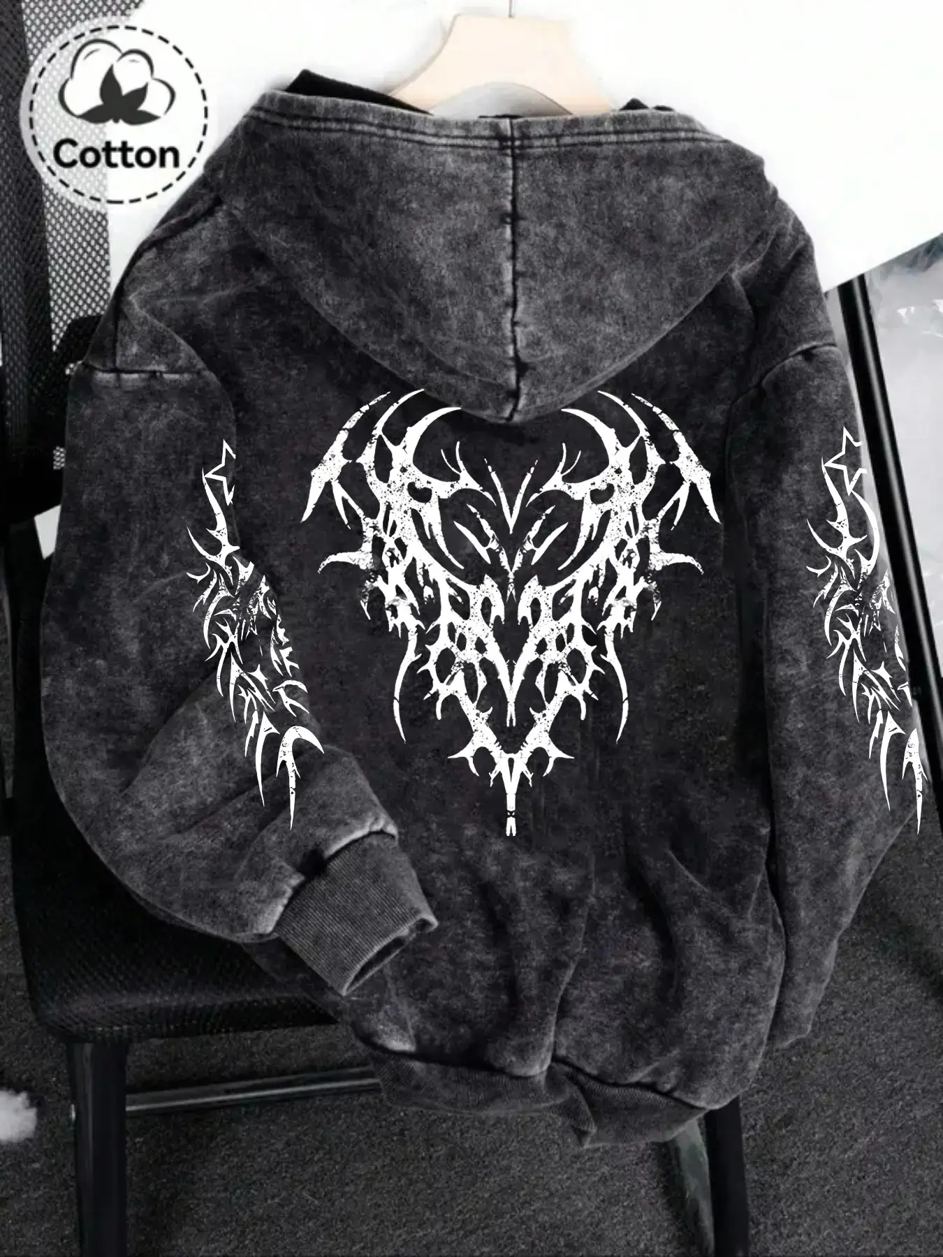 Y2K Rock Wash Full Zip Hoodie, Gothic Cross and Tribal Thorn