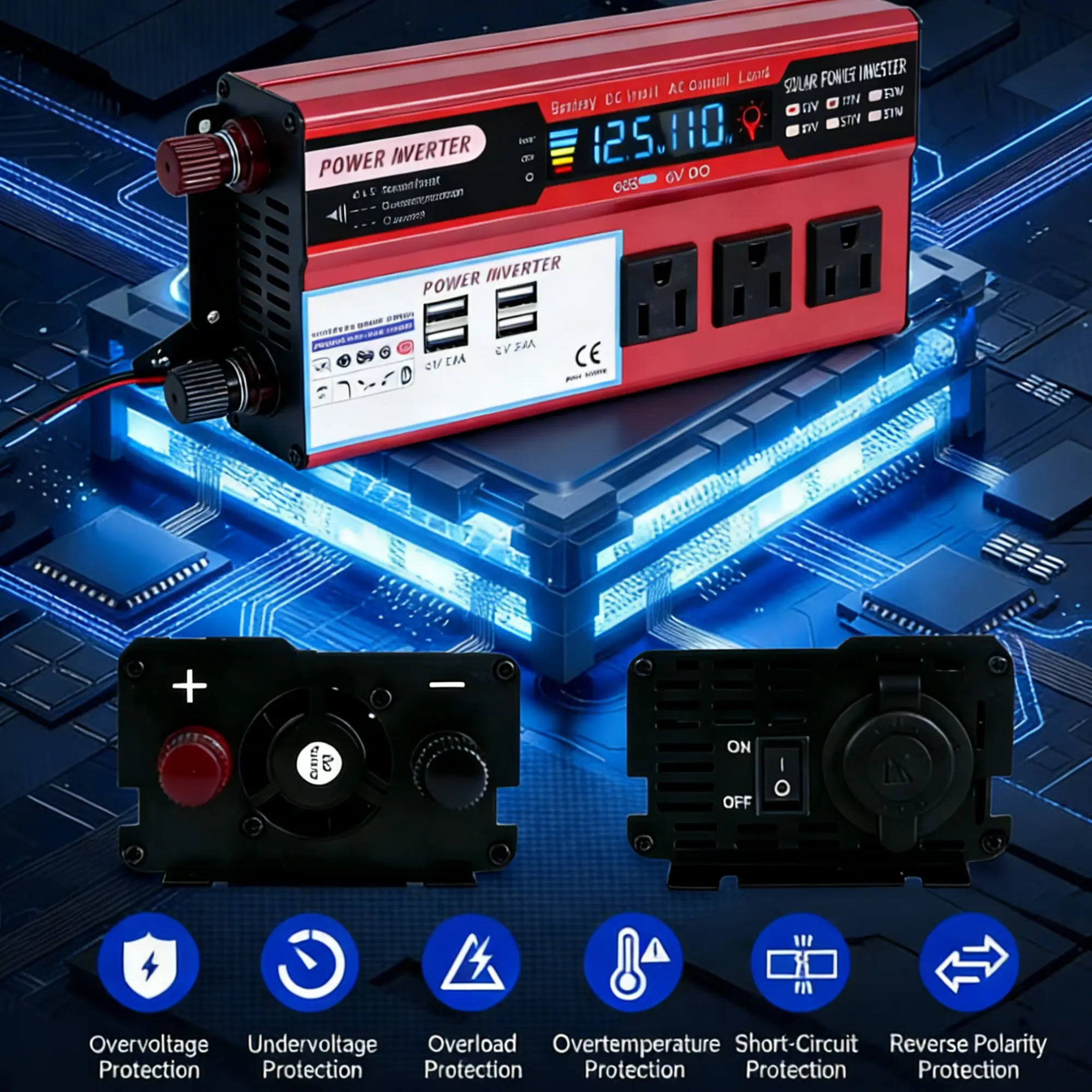 1000W Portable Car Power Inverter - 12V DC to 120V AC Converter with Large LCD Screen, 3 AC Outlets, 4 USB Ports, Cigarette Lighter Plug, Battery Clamps for Car Emergencies, Home Backup