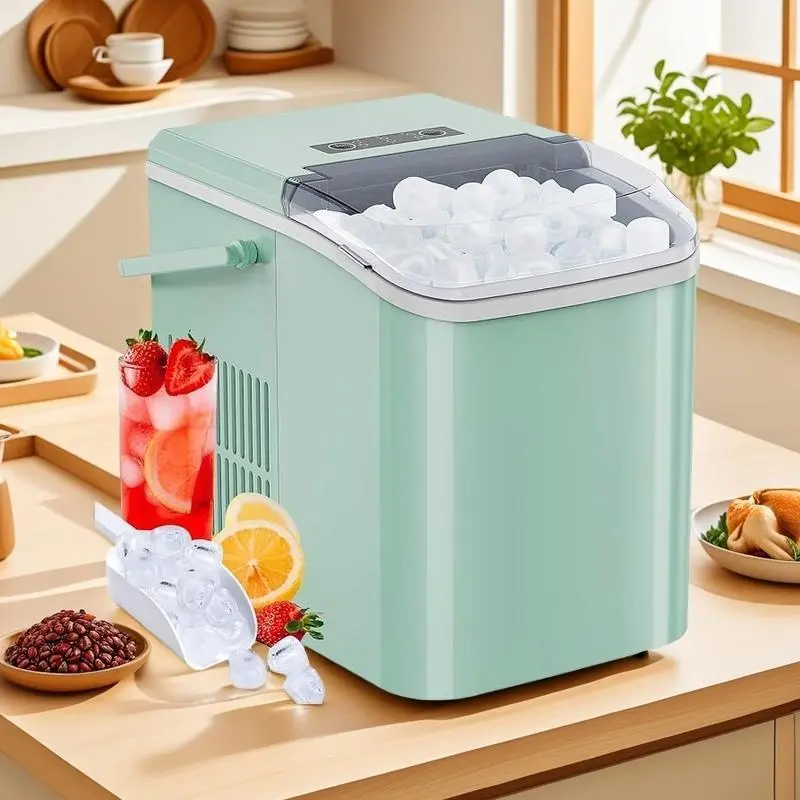 Portable Ice Maker with Carry Handle Self-Cleaning Function 9 Cubes in 6 Mins 26.5lbs/24Hrs 2 Sizes of Bullet Ice for Home Kitchen Party Green Countertop Ice Machine