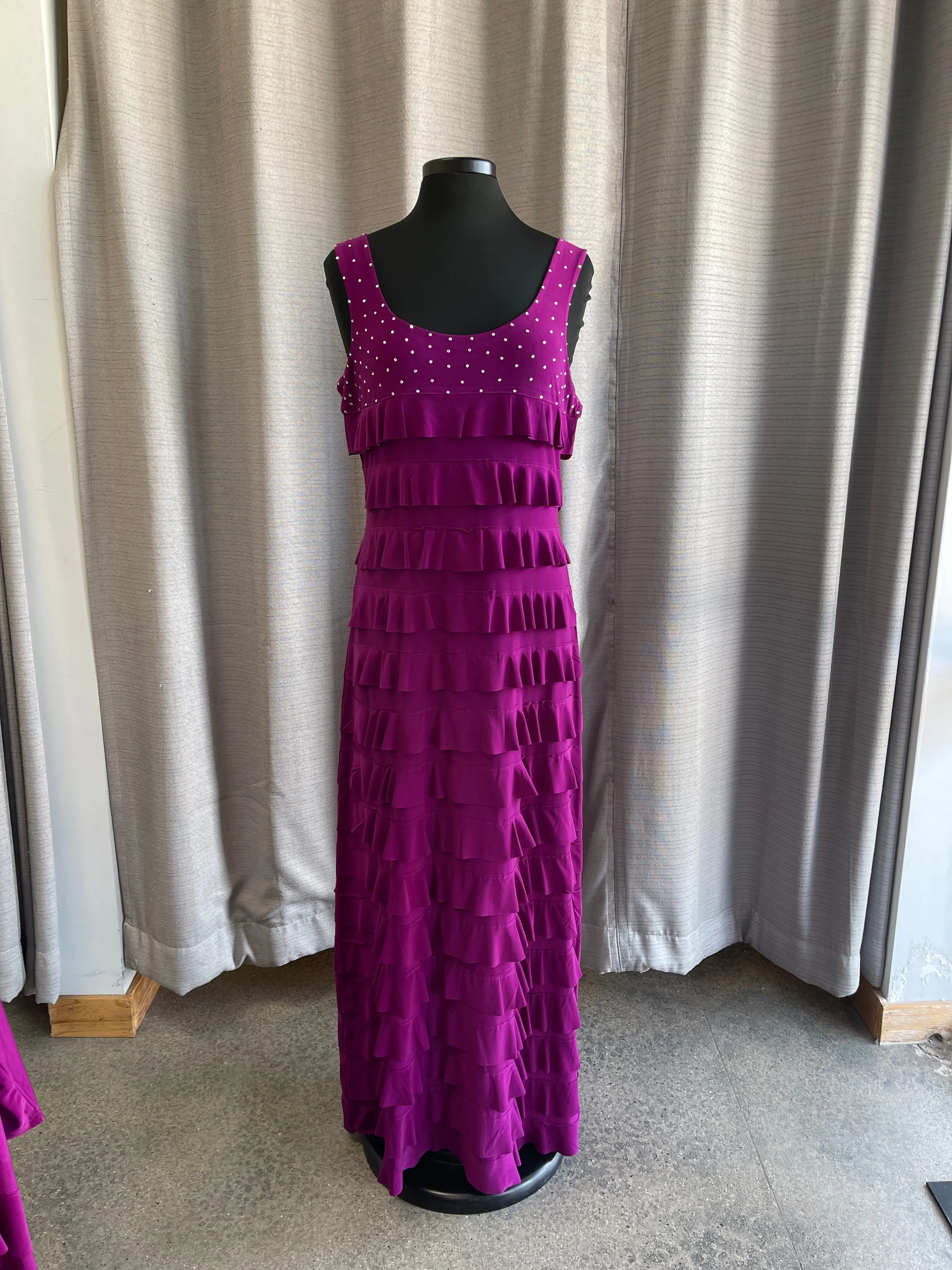 Magenta Pink Sleeveless Ruffle Dress with Swarovski Crystals