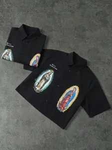 Men & Women Virgin Mary Guadalupe Graphic Short Sleeve Shirt - Summer Vintage Oversized Button Down Streetwear for Teen Boys, Guys, Young Adults | Daily Wear, Chicano Style Outfit