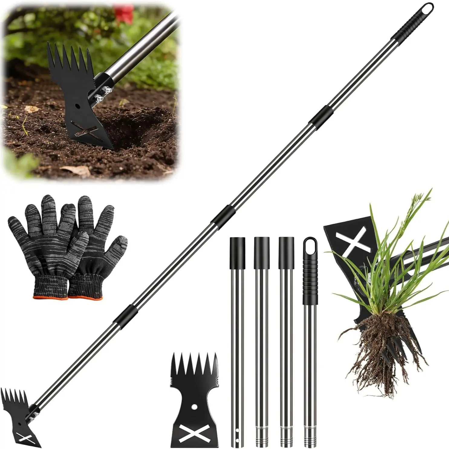 Adjustable Weed Puller Tool with Long Handle, 2 in 1 Hand Weed Rake and Garden Hoe, Uprooting Weeding Tool, Gardening Work Tool for Yard, Lawn, Patio, Garden, Garden Tools
