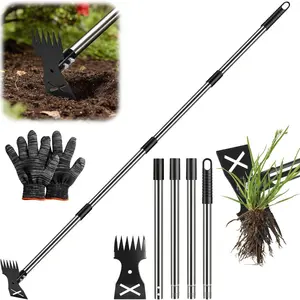 Adjustable Weed Puller Tool with Long Handle, 2 in 1 Hand Weed Rake and Garden Hoe, Uprooting Weeding Tool for Yard, Lawn, Patio, Garden, Garden Tools