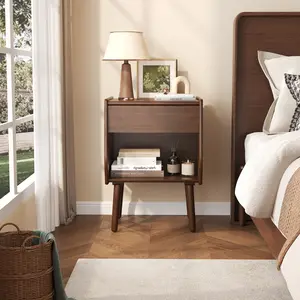 Eco-Friendly Bamboo Nightstand With Drawer & Open Compartment Solid Wood Legs Warm Walnut Finish Functional Storage For Bedroom Essentials