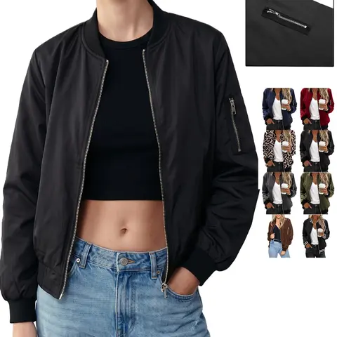 Women's Basic Longsleeve Bomber Jacket - Lady's Stylish Lightweight Outerwear with Pockets, Zip-Up, Casual Tops for Women, Spring Fall Outfits