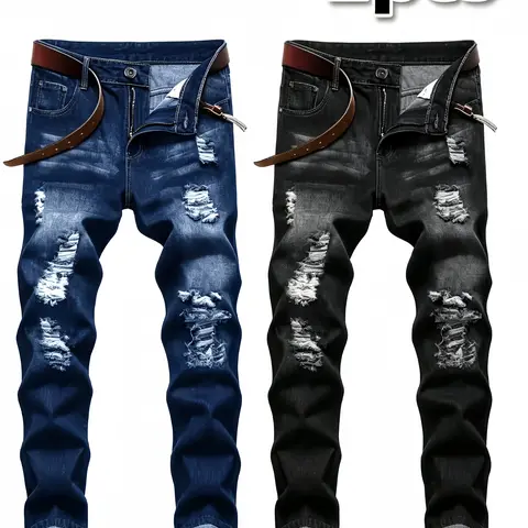 Men's 2-Pcs Set Skinny Jeans, Grunge Street Distressed Ripped Stretch Polyamide Blend Denim Pants, Slim Fit Straight Leg Men's Clothing for Casual Daily Outfits with Pockets, Streetwear, Streetwear Clothing, Ripped Look
