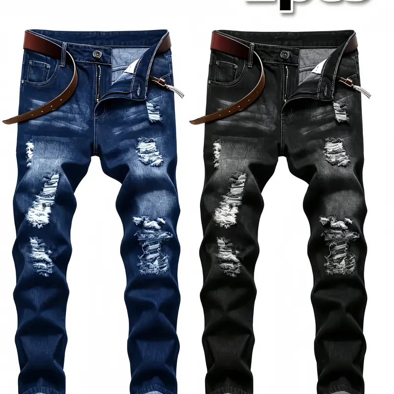 Men's 2-Pcs Set Skinny Jeans, Grunge Street Distressed Ripped Stretch Polyamide Blend Denim Pants, Slim Fit Straight Leg Men's Clothing for Casual Daily Outfits with Pockets, Streetwear, Streetwear Clothing, Ripped Look