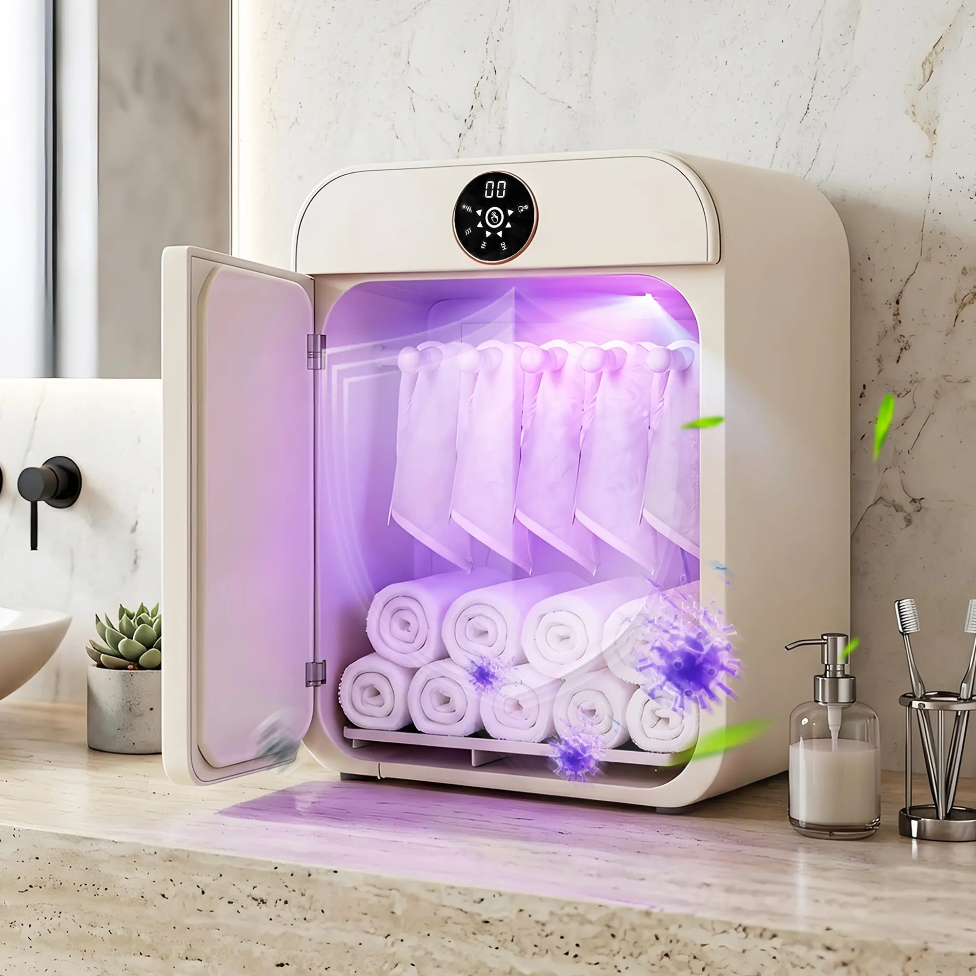 8L Towel Warmer with Ozone Sanitizer Sterilization, Warm Dryer for Facial Towels, Compact Countertop Bathroom Towel Warmer, Low Noise Adjustable Timed Drying Function, Wall Mountable Compact Portable Underwear Lingerie Dryer for Home, Apartment, RV Travel