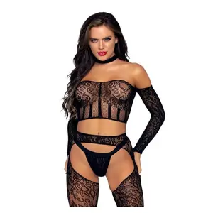 Leg Avenue Lace Long Sleeve Halter Choker Crop Top, Lace Suspender Hose, and G-String