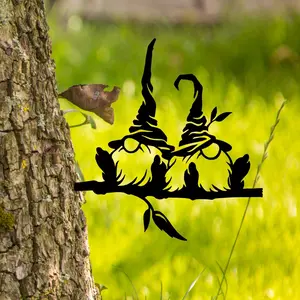 1pc Metal Branch 2 Gnomes Stake Mushroom Decoration Yard Decor, Metal Yard Art, Garden Tree Decorations Outdoor, Backyard Decor, Garden Gift, Garden Patio Decor, Outdoor Decoration, Garden Gnome Statue, Garden Sculptures Statues