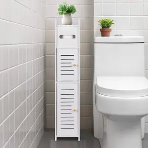 Multi-Layer Narrow Bathroom Storage Cabinet with Door Design, Top Shelf, Flip-Top Tissue Box, Small Bathroom Organizer