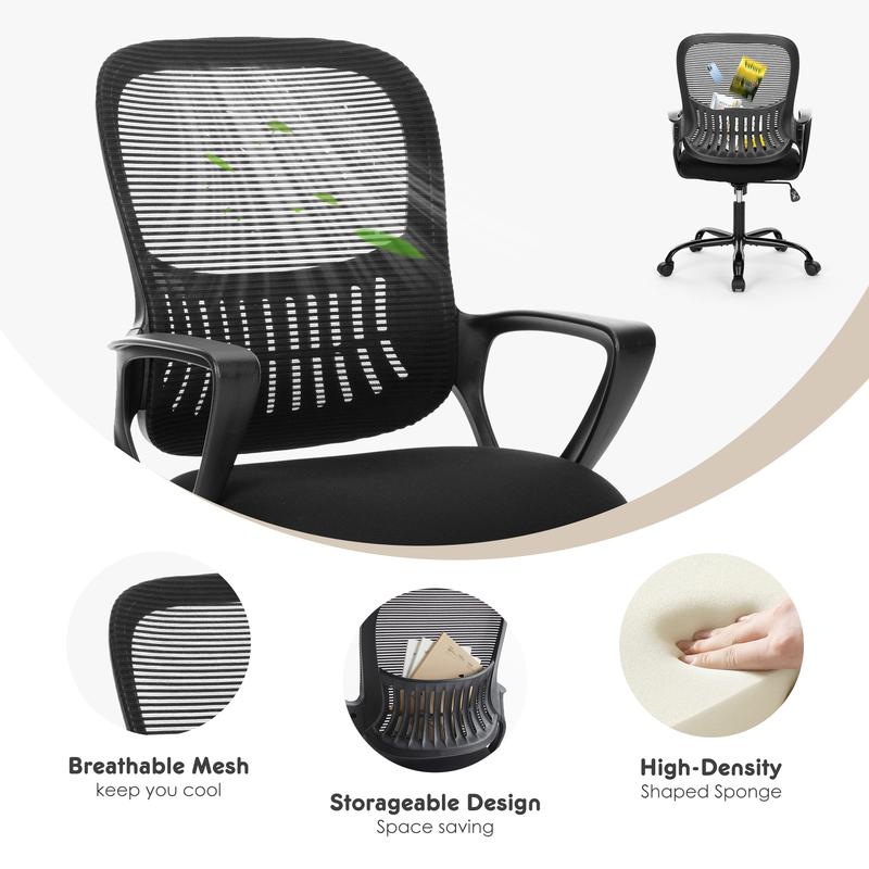 Home Office Chair, Mid Back Computer Ergonomic Mesh Desk with Larger Seat, Executive Height Adjustable Swivel Task with Lumbar Support and Armrests
