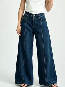 Women's Wrinkle-Free Pleated Wide Leg Pants Mid Rise Dark Wash Wide Leg Jeans withWide Hem Comfortable Fit