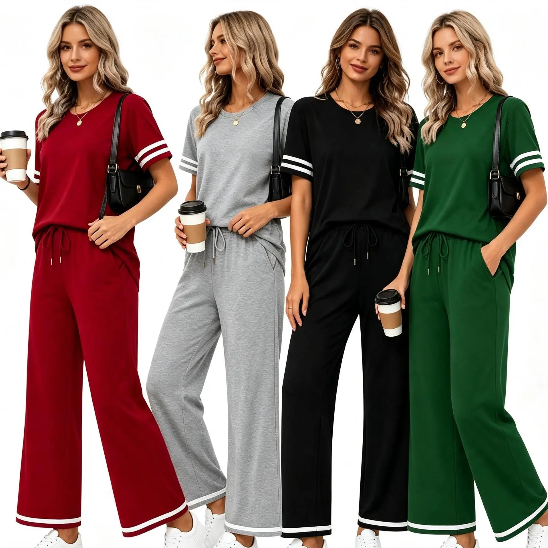 Women’s 2‑Piece Casual Loungewear Set, Short Sleeve Top & Wide Leg Pants with Pockets, Soft Matching Outfit for Summer Sports Outdoor Daily Wear