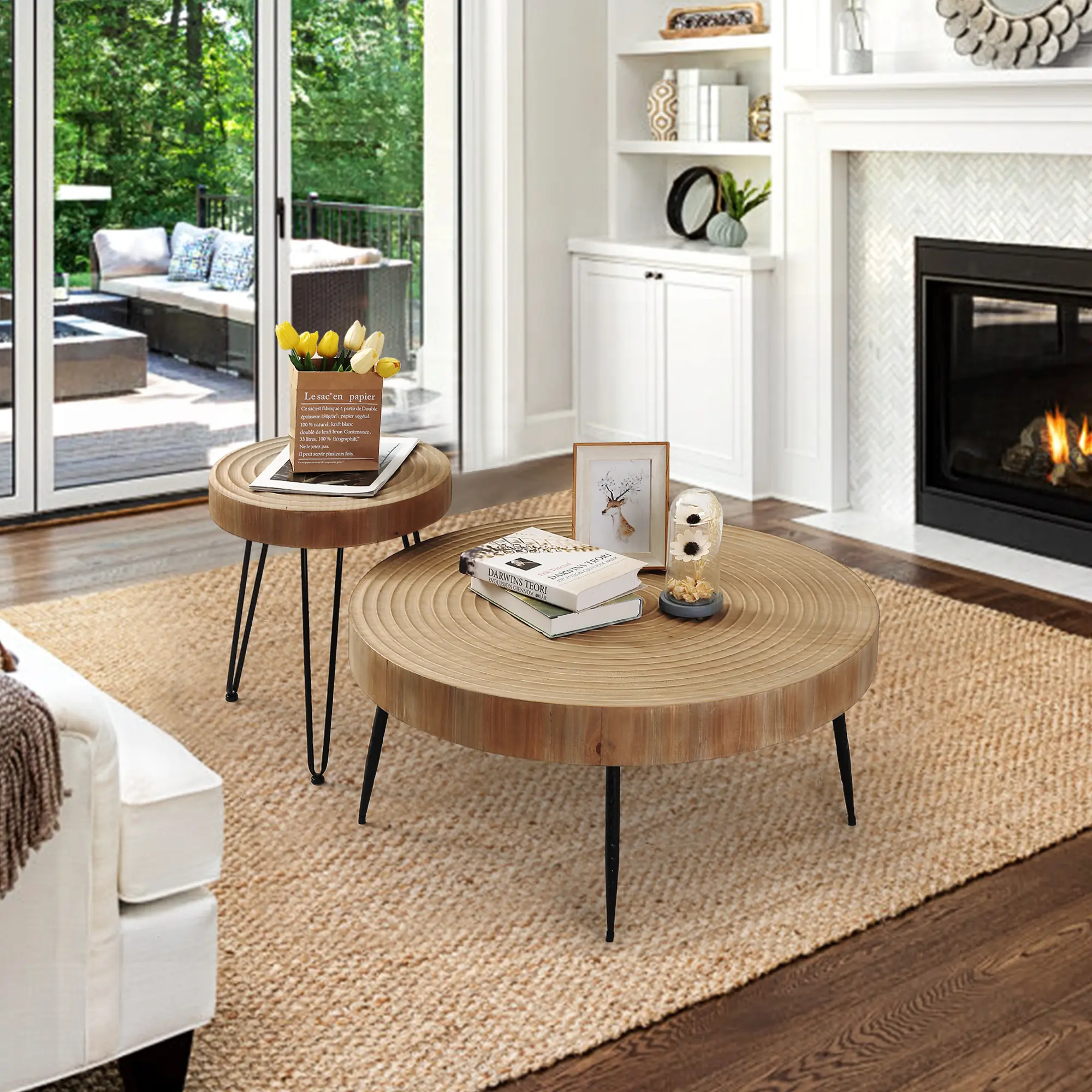 PieDle Farmhouse Round Coffee Table Set of 2, Cocktail Table Set, Modern Circle Natural Wood Finsh Side and End Table Sets for Living Room(Helical, Natural)
