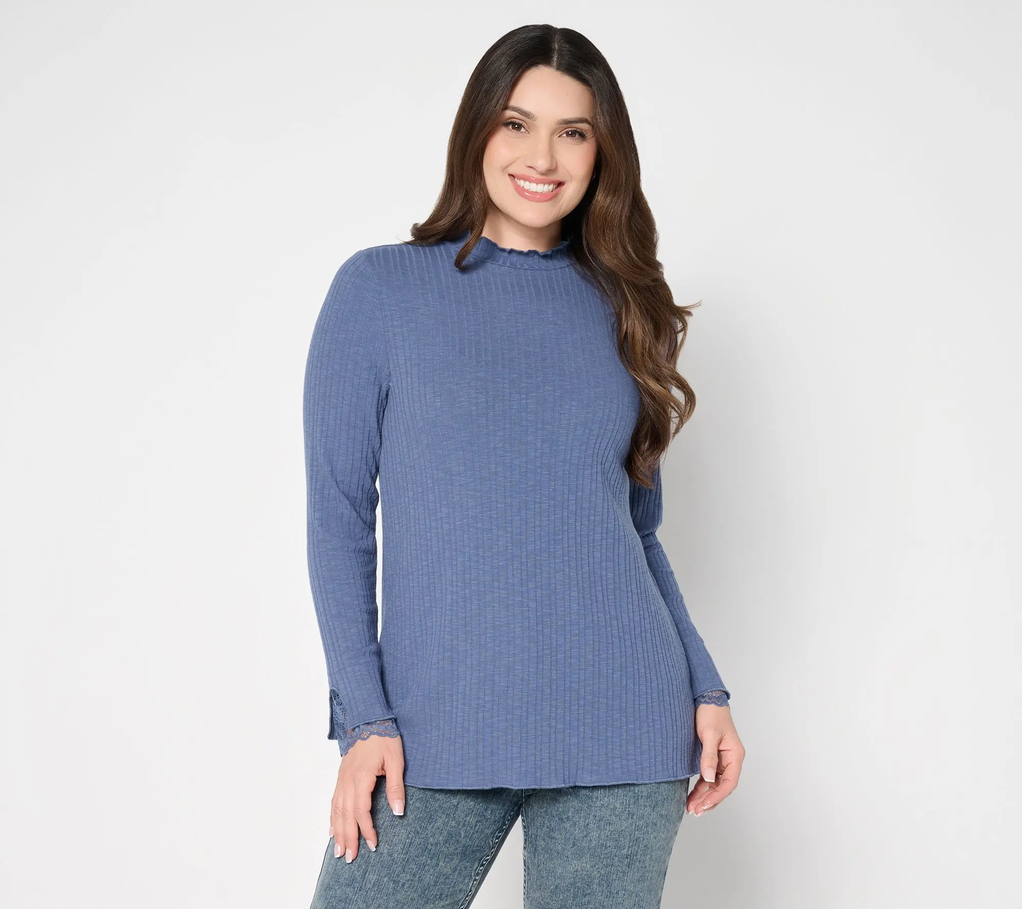 LOGO Layers by Lori Goldstein Mock Neck Ribbed Top with Lace Trim