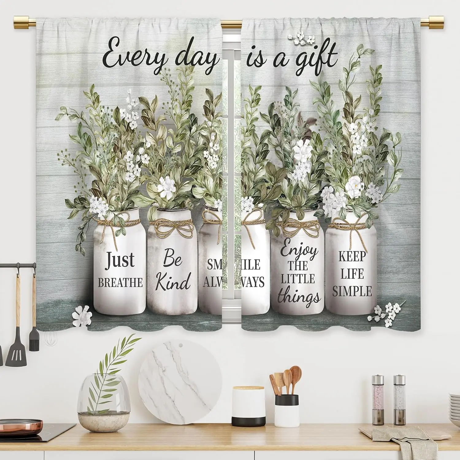Eucalyptus Green Rustic Polyester Vintage Floral Drapes - 27.5x39in, Flower Quote Print, Stretch, Light Filter, Inspirational, Easy-Installation Textiles, Durable, Dustproof, Fade Resistant, Machine Washable for Farmhouse Home, Kitchen, 0 – 1 M, Plants
