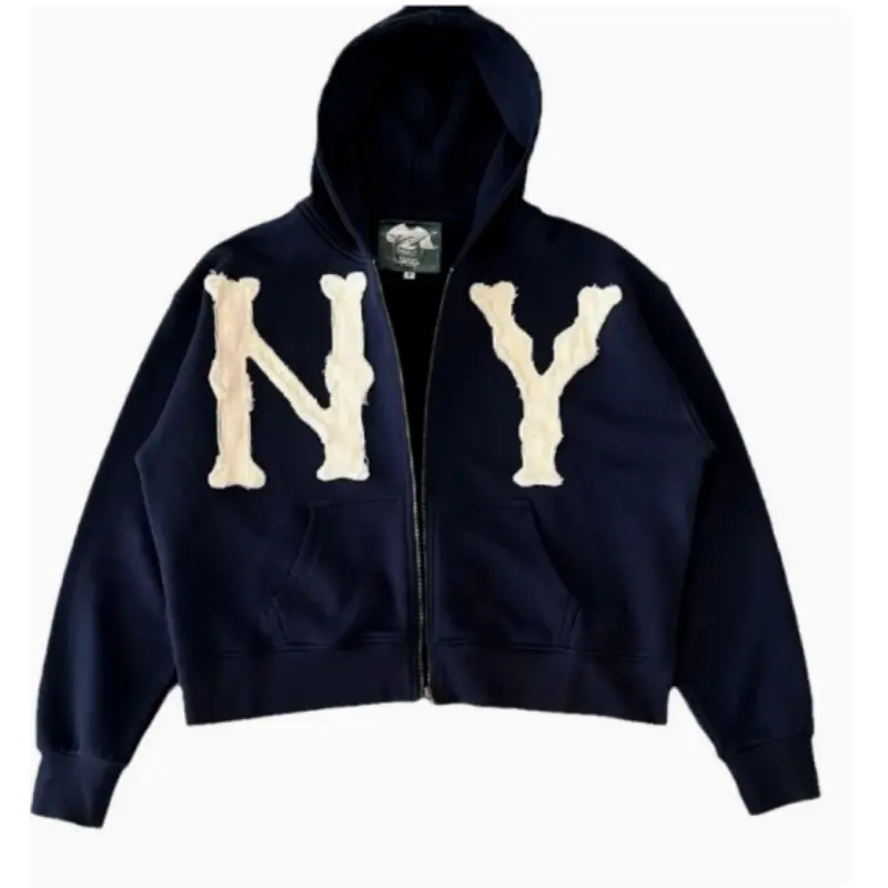"NY" Distressed Cropped Hoodie - Women/man Zip-Up, Y2K Harajuku Vintage Street Style Aesthetic