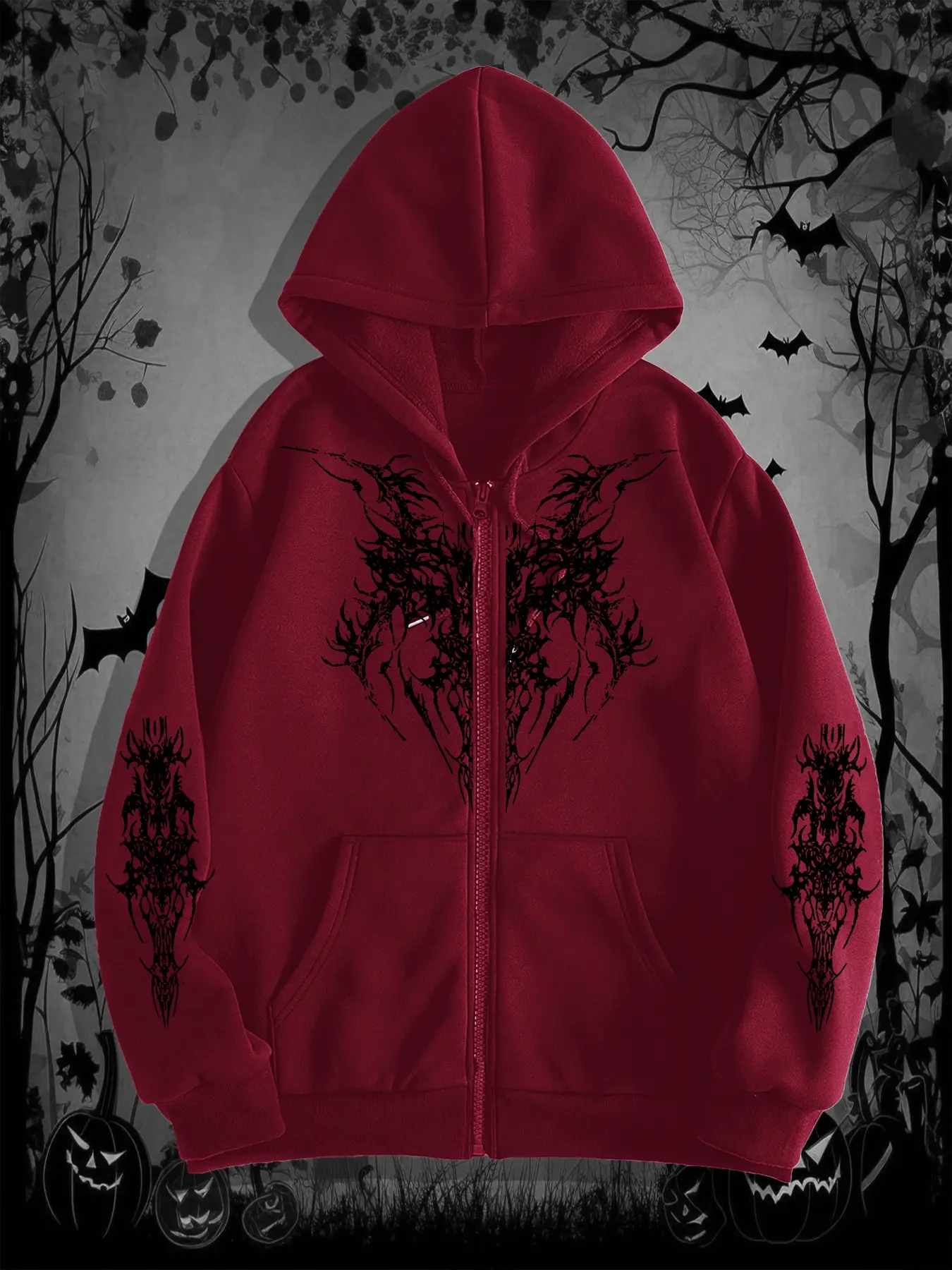 Men's Gothic Dark Style Knitted Printed Plain Plaid Zipper Hoodie, Fashion Menswear Streetwear for Casual Occasions, Perfect Halloween Choice, Fall & Winter Wear