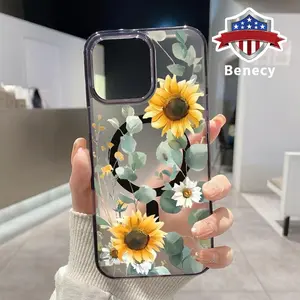 Vibrant Sunflower Array Pattern Magnetic Phone Case for iPhone 16 15 14 Pro Max 13 12 11 XR XS E Plus Clear Crystal Drop-proof Slim Silicone Shockproof Transparent Protective Cover Supports Wireless Charging