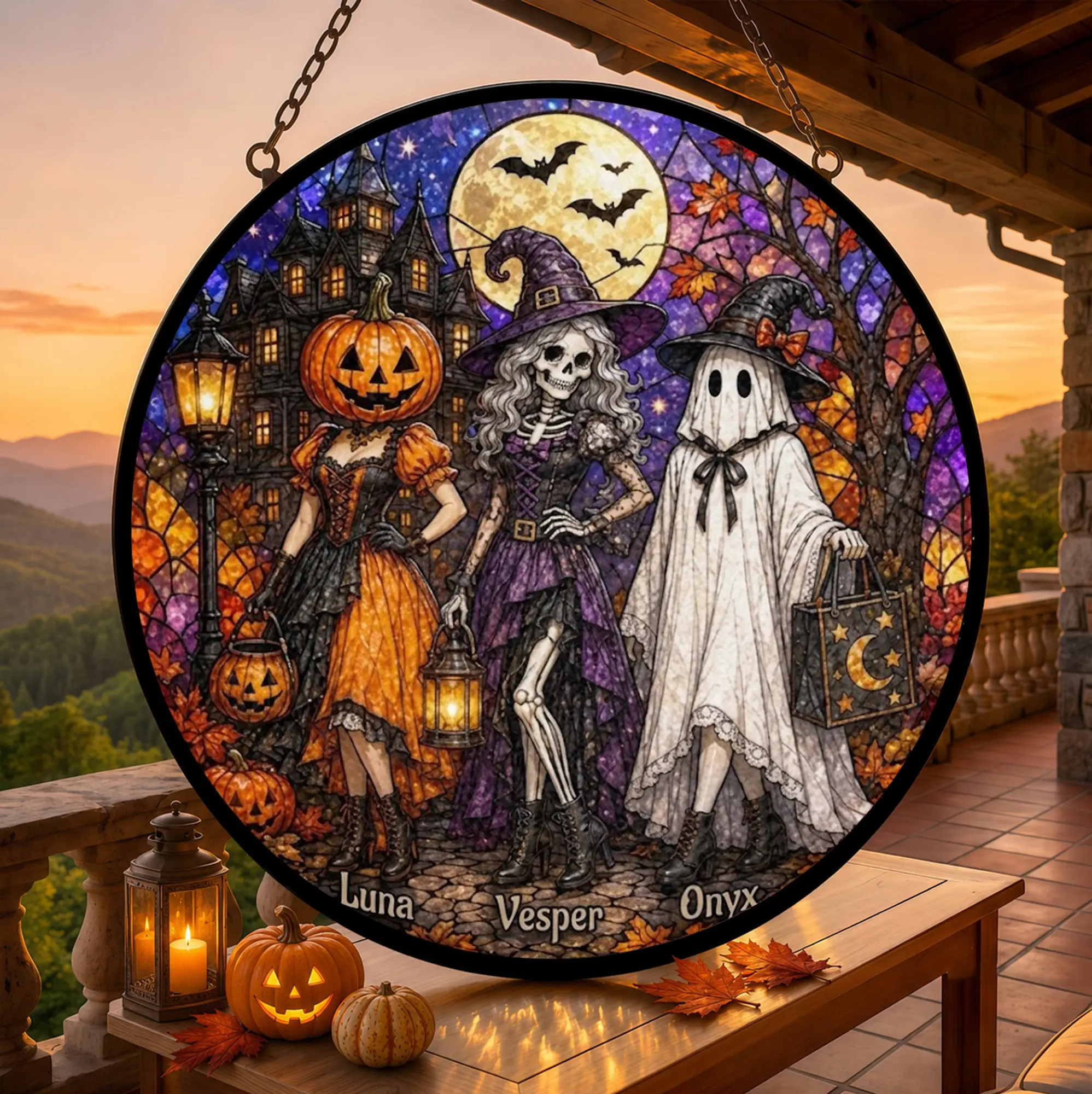 Made to Order Custom Name Halloween Witch Stained Glass Witch Ghost Pumpkin Window Decor Spooky Fall Home Hanging  AST-6490-0838
