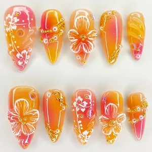 Flower Pattern Fake Nails with Nail File & Tape, Glossy False Nails, 24pcs Glossy Almond Press on Nails for Women & Girls DIY Nail Art, Elegant Stick on Nails Kit