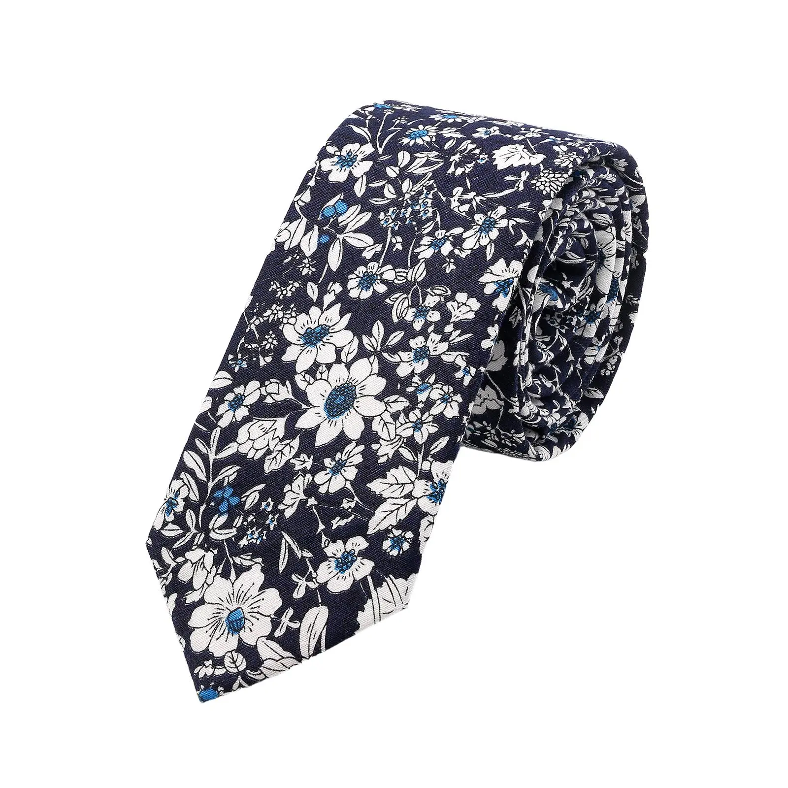 OIDEA Men's Cotton Printed Slim Fit Necktie - Vintage Botanical Floral Design, Navy Blue with White Flowers for Business Casual Outfits Daily Wear