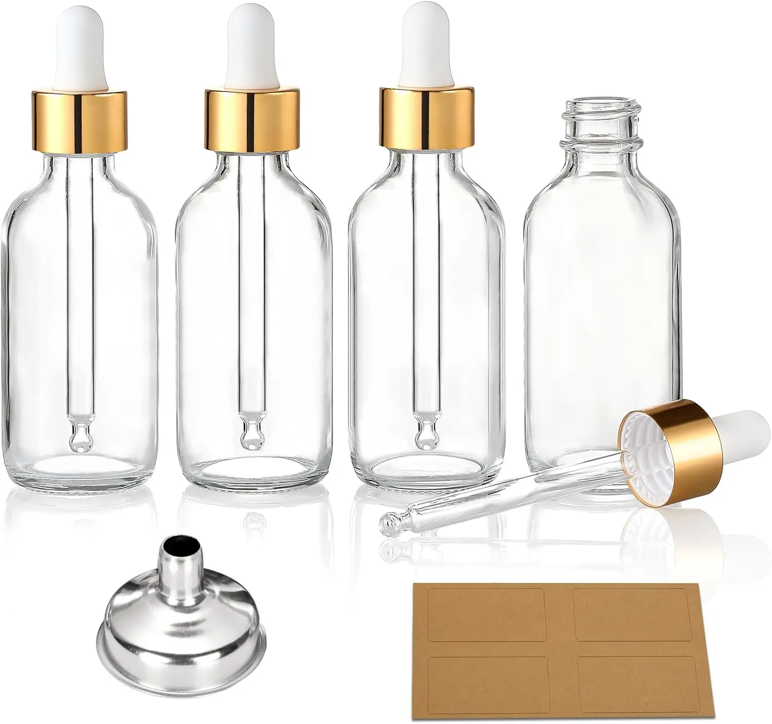 4 Pcs, 1 oz Golden Cap Clear Dropper Bottles (30ml) with 1 Funnel & 4 Labels