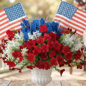4th of July Flowers for Porch: 12 Pcs Red White and Blue Fake Flower with Flag for Outdoors Planters - Patriotic Artificial Floral Plants America 250 Anniversary Outside Window Box Decoration