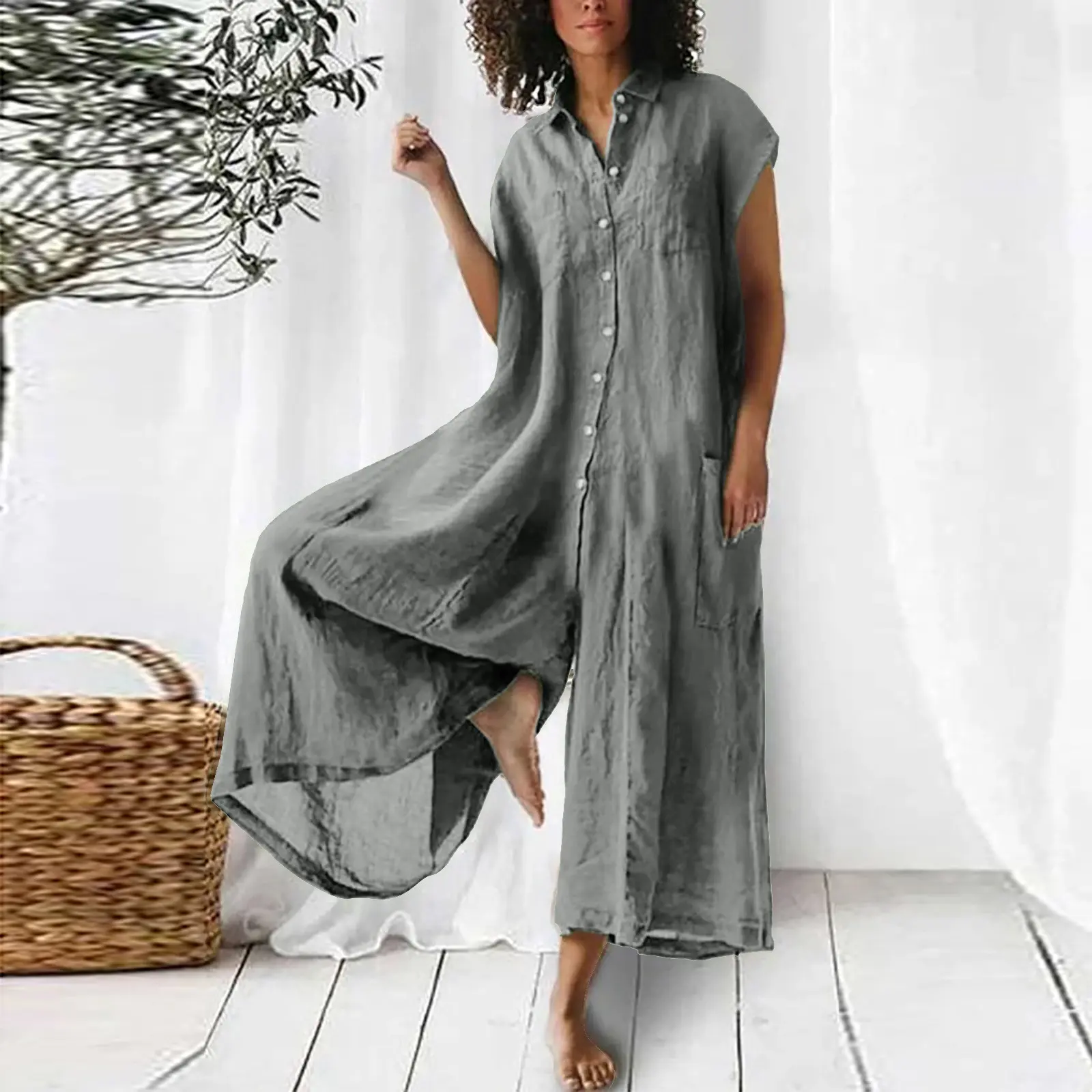 Solid Cotton Linen Jumpsuit for Women, a Casual Commuter Style with a Wide Leg Cut and Short Sleeves for the Outdoors, Fabric, Women's Clothes, Pants, Baggy, Oversized, Loose, Mid Waist, Elastic, Multi-Size, Outdoor Wear, Basic, Overalls, Grey