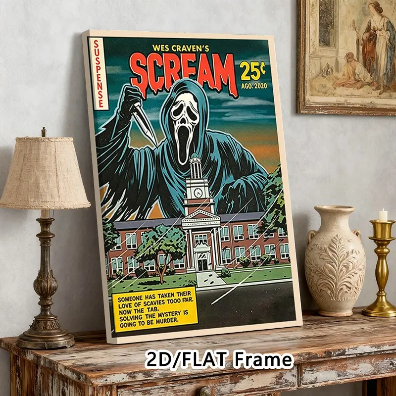 "scream" Retro Comic Art Framed Canvas Print, Golden Age Horror Movie Poster, 2D Flat Wall Decor for Man Cave, Bedroom, 1pc Framed Canvas Wall Art