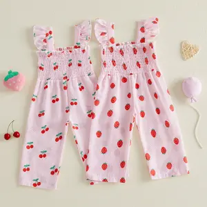 Babamoon Kids Baby Little Girls Summer Jumpsuit Flying Sleeve Strawberry/Cherry Print Suspender Pants Smocked Jumpsuit 6M-4Y