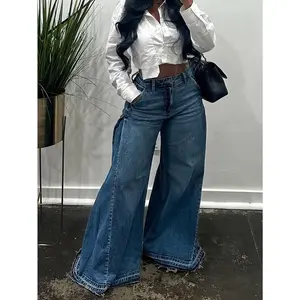 Women Flared Wide Side Loose Jeans High Waist Comfortable Denim Pants Trendy Fashion Casual Wear ��Non-Stretch��