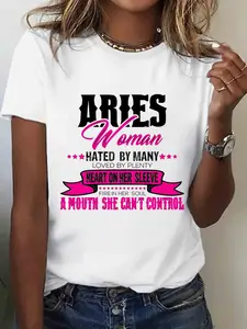 Women's Aries Constellation Pattern T-Shirt - Designed with a breathable crew neck, it is a short-sleeved style, printed with the words "Aries Women" and the constellation pattern, casual version, machine washable, universal in all seasons, suitable for d