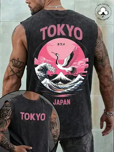1 Piece Men's 100% Cotton Sleeveless Tank Top, Vintage Japanese Tokyo Graphic Print, Streetwear Style For Casual Daily Wear And Summer Outfits