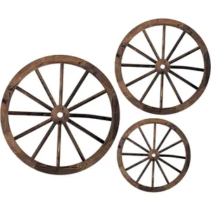 P-OMT06 3 Pcs Wooden Wagon Wheel Decor 12/10/8 Inch Old Western Wall Decor Farmhouse Wagon Wheels Rustic Yard Hanging Decorative Art for Garden Home Bar Garage(Dark Brown)