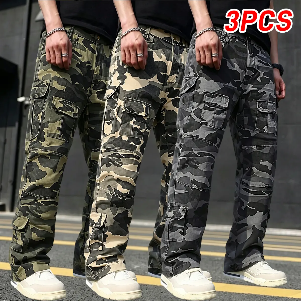3-Pack Men's Fashion Camo Cargo Pants, Multi-Pocket, All-Season, Machine Washable, Durable, Street Style, Mid Waist, Regular Fit, Ideal for Hiking, Running, Outdoor Activities, Gift for Active Men, Everyday Wear, Fashionable Adventure Apparel