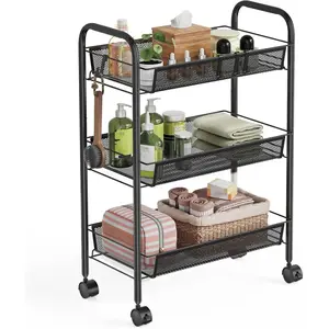 Metal Storage Trolley - Rolling Cart with Mesh Shelves, Portable and Stable Mobile Storage Cart for Bedroom, Kitchen, Bathroom, Toilet, and Living Room