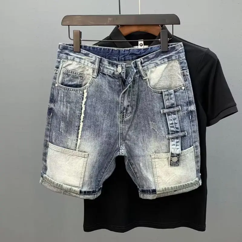 Summer Trendy Brand Denim Shorts Men's Trendy Versatile Casual Mid-pants Social Spirit Young Man Loose Ripped Five-point Pants Blue Trouser